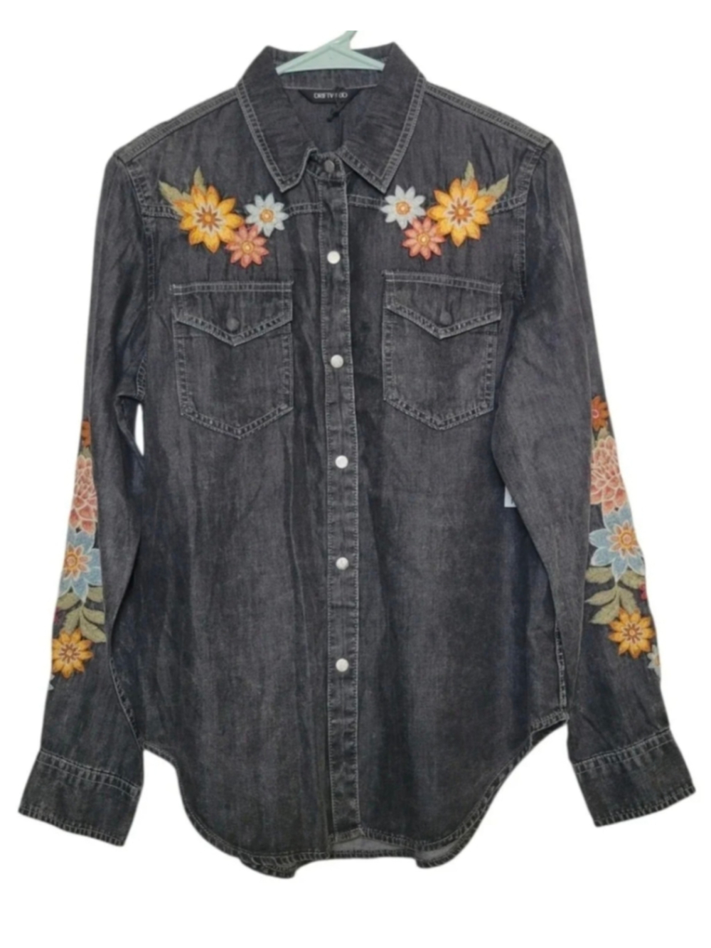 Driftwood Embroidered Denim Western Snap Button Down Shirt Charcoal Grey Size L